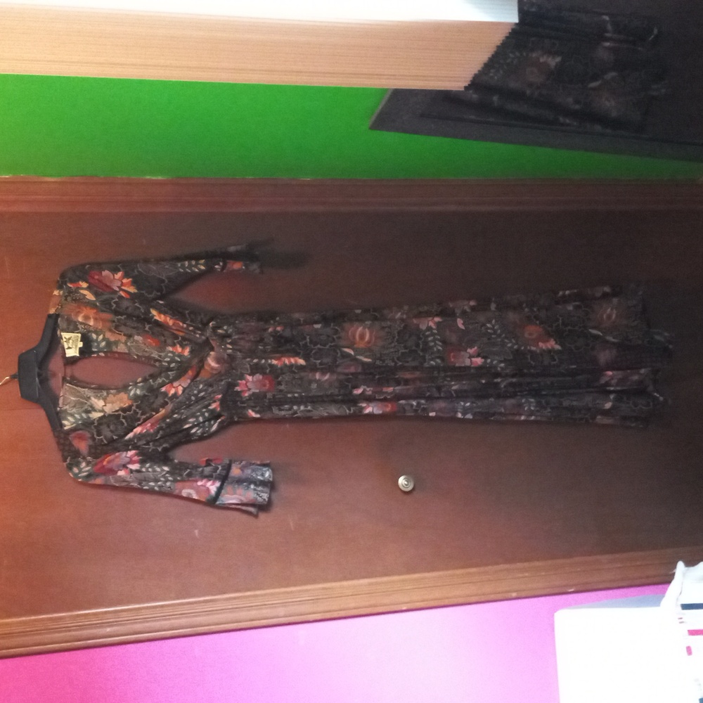 Brown, black, orange, green plunge neck wrap JUMPSUIT, XS, Flower Print.